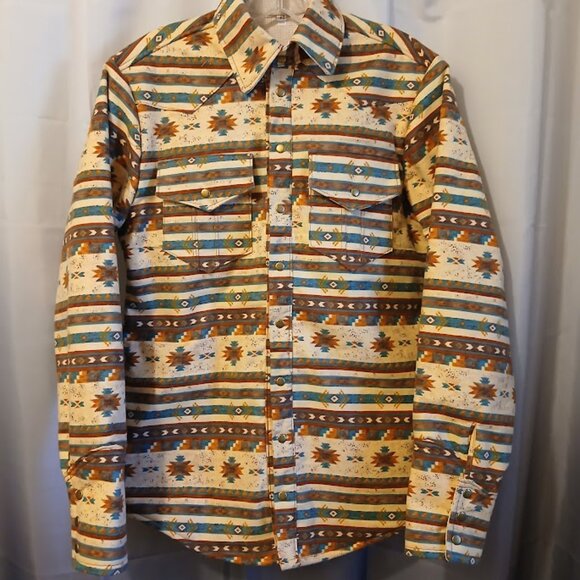 New Mens Flannel Shacket Western Shirt XS Snap up Navajo Thermal Browns Teal Tan - Picture 1 of 11